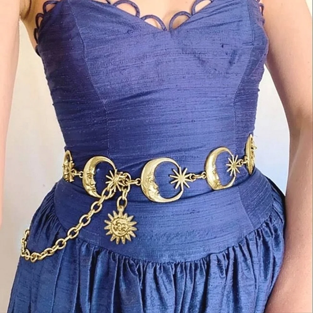 Womens Boho Gold metallic Moon Star whimsigoth celestial waist chain disco belt - Picture 4 of 9